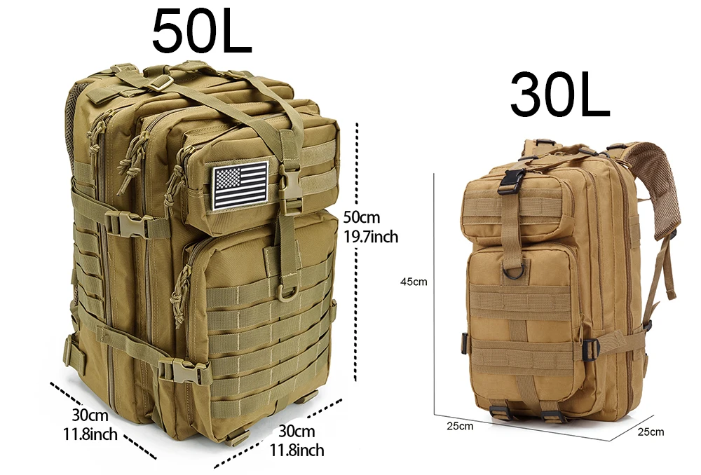 QT & QY-Sacs à dos de voyage pour hommes, sacs de survie en plein air, pack d'assaut 3P, pack EDC Molle, randonnée, trekking, sac de chasse, 30 L, 50L QT & QY-Sacs à dos de voyage pour hommes, sacs de survie en plein air, pack d'assaut 3P, pack EDC Molle, randonnée, trekking, sac de chasse, 30 L, 50L