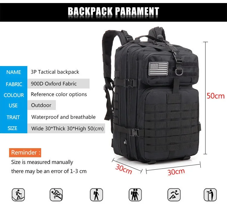 QT & QY-Sacs à dos de voyage pour hommes, sacs de survie en plein air, pack d'assaut 3P, pack EDC Molle, randonnée, trekking, sac de chasse, 30 L, 50L QT & QY-Sacs à dos de voyage pour hommes, sacs de survie en plein air, pack d'assaut 3P, pack EDC Molle, randonnée, trekking, sac de chasse, 30 L, 50L