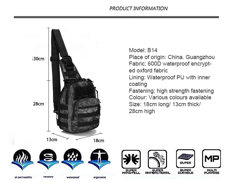 Sacs DulChest extérieurs pour hommes, petit sac de poitrine, sac de messager portable, sac initié au cyclisme, armée CamSolomon, escalade, 600D Wate