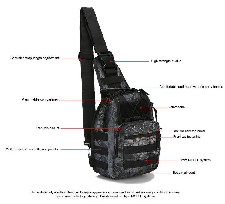 Sacs DulChest extérieurs pour hommes, petit sac de poitrine, sac de messager portable, sac initié au cyclisme, armée CamSolomon, escalade, 600D Wate