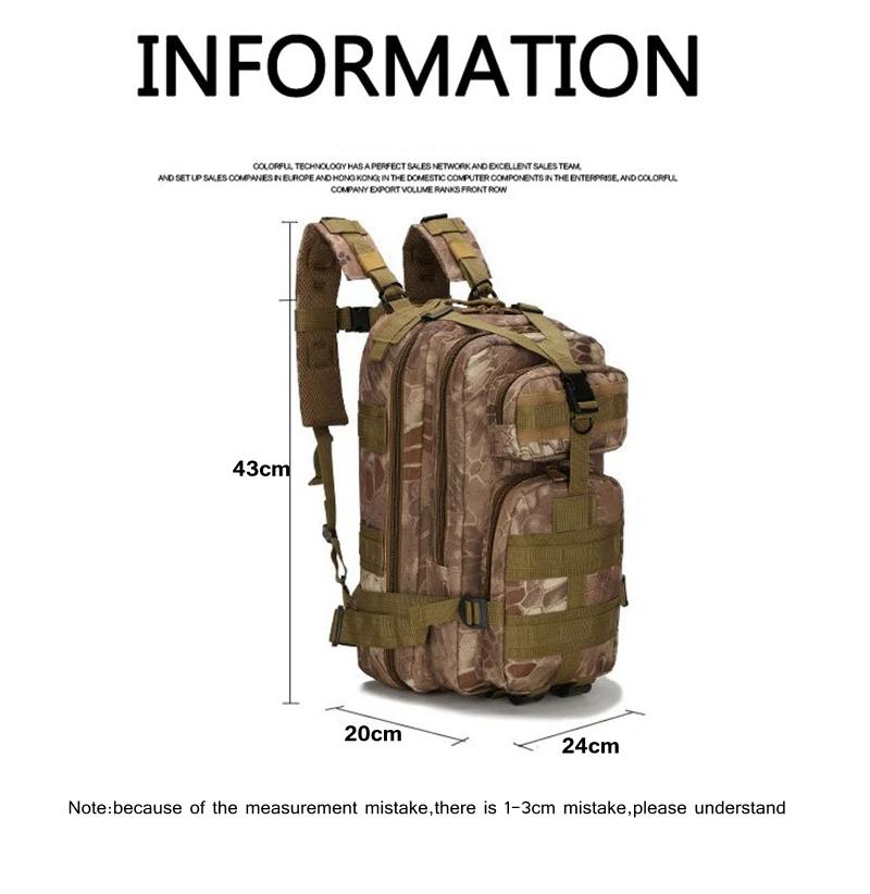 Sac à dos de sport de plein air pour hommes et femmes, sac à dos militaire, sacs Molle, camping, randonnée, escalade, 25L, 3P Skip