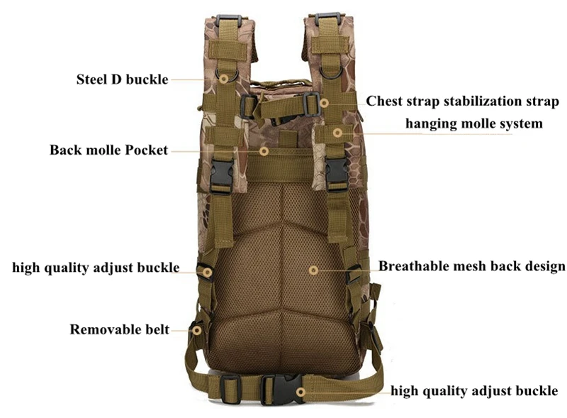 Sac à dos de sport de plein air pour hommes et femmes, sac à dos militaire, sacs Molle, camping, randonnée, escalade, 25L, 3P Skip