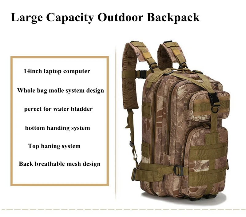 Sac à dos de sport de plein air pour hommes et femmes, sac à dos militaire, sacs Molle, camping, randonnée, escalade, 25L, 3P Skip