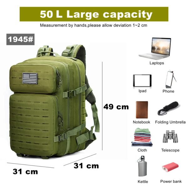 Sac à Dos Militaire Étanche en Nylon, 35/45/50L 900D, pour l'Extérieur, le Camping, la Randonnée, le Trekking, la Pêche, la html – Image 4