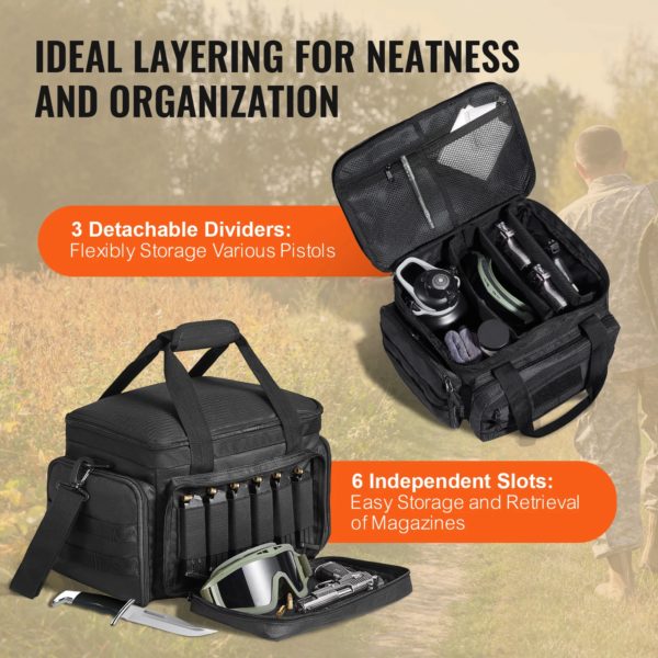 VEVOR Sac de tir pour 4 pistolets, sac de tir tactique avec 3 cloisons amovibles et 6 chargeurs, sac d'arme de poing pour pistolet de chasse en plein air avec bandoulière unique, 37 x 26 x 23 cm, noir – Image 3
