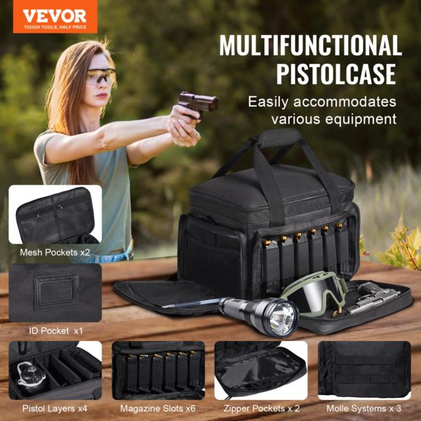 VEVOR Sac de tir pour 4 pistolets, sac de tir tactique avec 3 cloisons amovibles et 6 chargeurs, sac d'arme de poing pour pistolet de chasse en plein air avec bandoulière unique, 37 x 26 x 23 cm, noir – Image 2