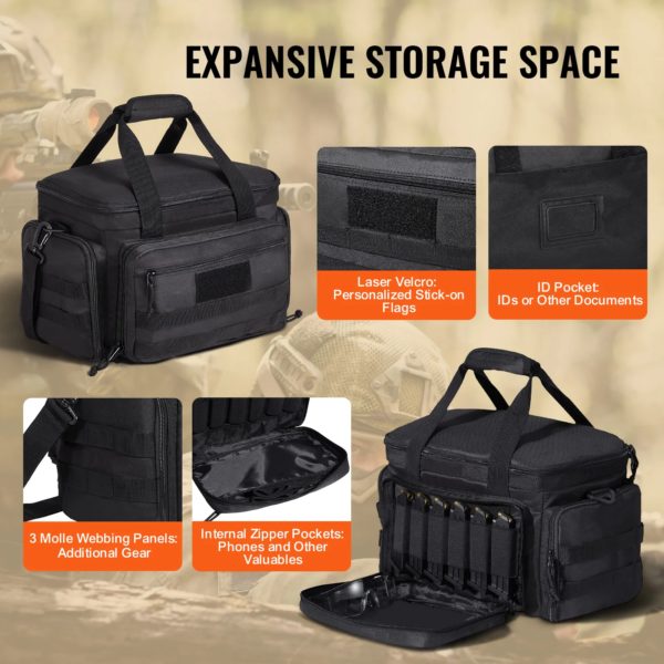 VEVOR Sac de tir pour 4 pistolets, sac de tir tactique avec 3 cloisons amovibles et 6 chargeurs, sac d'arme de poing pour pistolet de chasse en plein air avec bandoulière unique, 37 x 26 x 23 cm, noir – Image 4