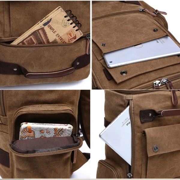 Sacs à dos en toile vintage pour hommes, sac à dos pour ordinateur portable 15 pouces, grande capacité, sac de voyage décontracté, cartable pour adolescent – Image 4