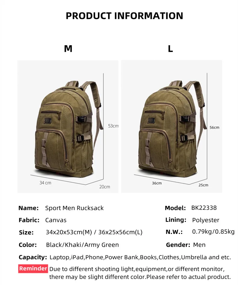Jamhoo – sac à dos de voyage en toile pour hommes, sac à dos de grande capacité pour l'extérieur, la montagne, le Sport et l'école pour adolescents