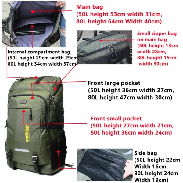 Sac à dos d'extérieur pour hommes et femmes, sac à dos d'escalade, sac à dos de voyage, sports, camping, randonnée, sac d'école pour homme, 85L, 55L – Image 3