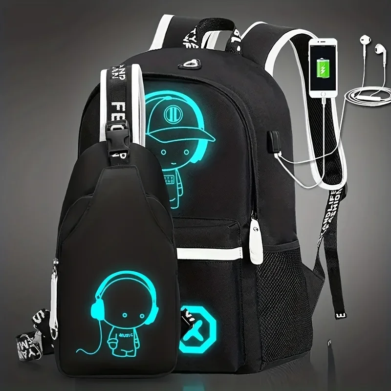 Sacs à dos Shoous Animation pour garçons et filles, sacs d'école pour adolescents, charge USB, sac à dos pour hommes, sac à dos pour ordinateur portable, homme, mode, ensemble de 2 pièces