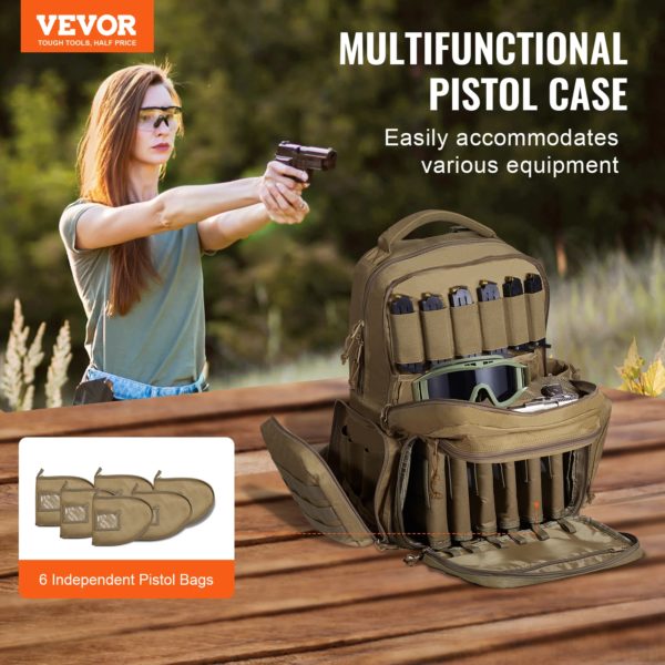 VEVOR Sac à Dos Tactique pour 6 Pistolets et 10 Chargeurs, Sac de Tir en Polyester 600D, Étui Souple pour Pistolet avec Fermeture Éclair Verrouillable, pour Ranger Armes de Poing, Chasse, Marron – Image 2
