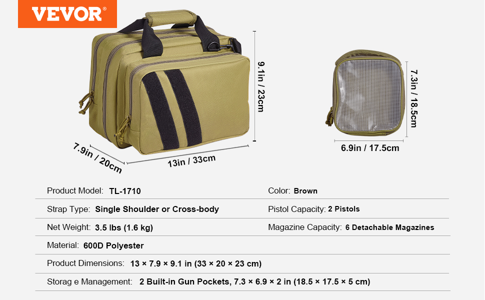 VEVOR Sac à Dos Tactique pour 6 Pistolets et 10 Chargeurs, Sac de Tir en Polyester 600D, Étui Souple pour Pistolet avec Fermeture Éclair Verrouillable, pour Ranger Armes de Poing, Chasse, Marron