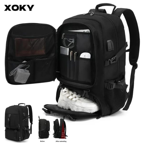 XOKY-Grand sac à dos de voyage pour homme, compartiment à chaussures séparé, sac d'affaires, sport de plein air, étanche, noir, sac de rangement, 50 L, 80L