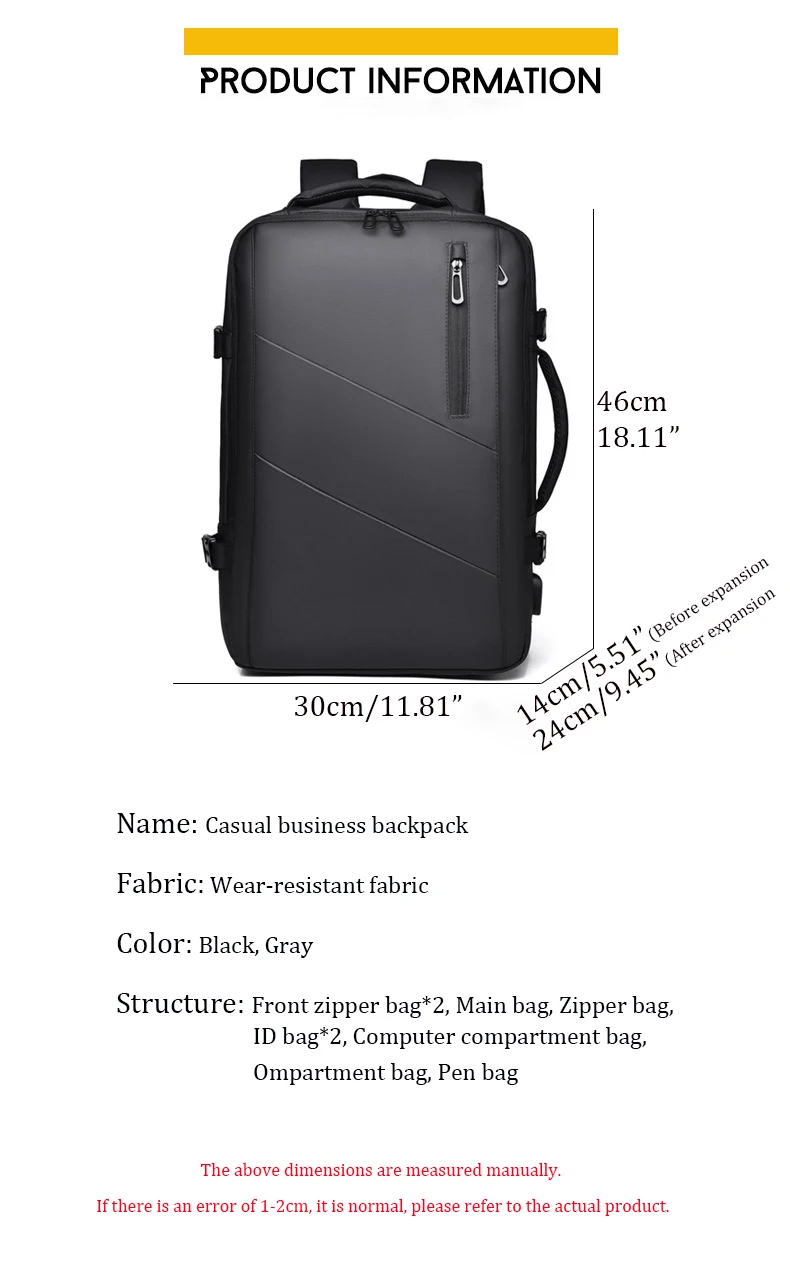 Sac à dos d'affaires pour homme, sac à dos pour ordinateur portable, sac USB étanche multi-extensible, sac de voyage, 03/Commute
