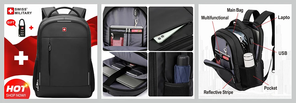 SWISS MILITARY-Sac à dos de voyage grande capacité pour homme, étanche, extensible USB, pour ordinateur portable, pour sports de plein air, 17.3