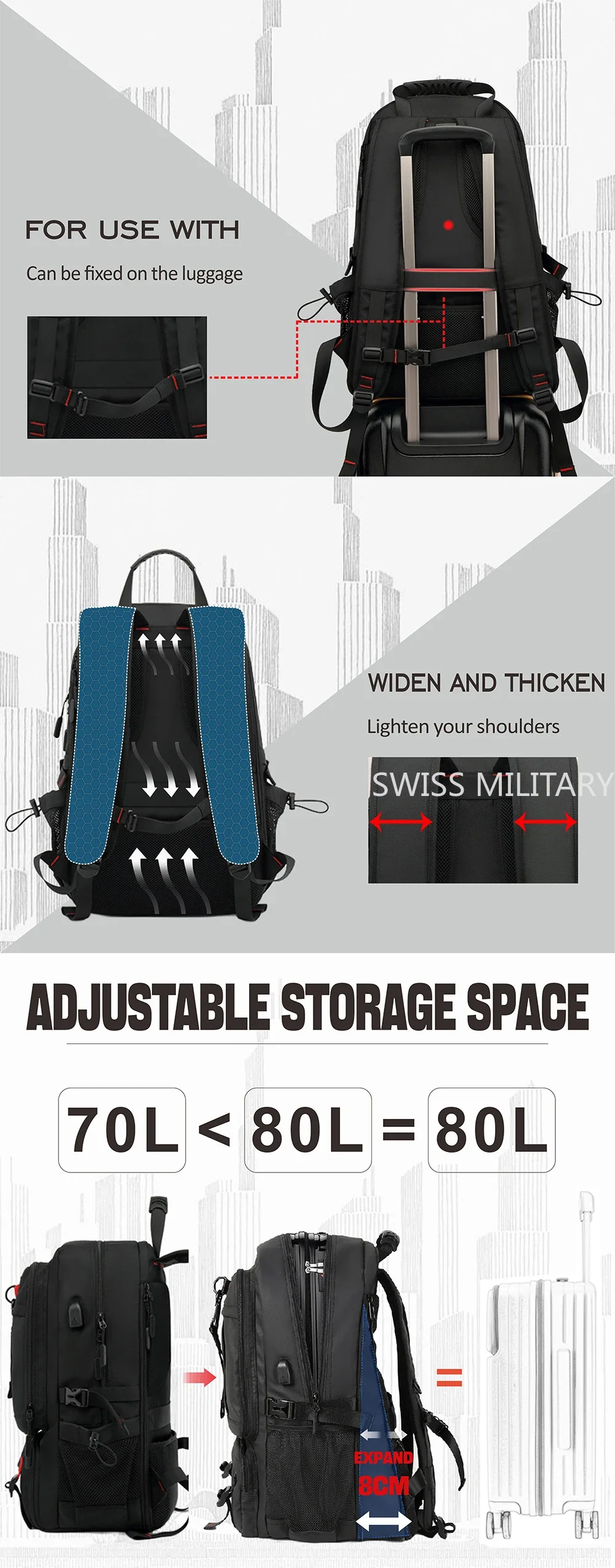 SWISS MILITARY-Sac à dos de voyage grande capacité pour homme, étanche, extensible USB, pour ordinateur portable, pour sports de plein air, 17.3