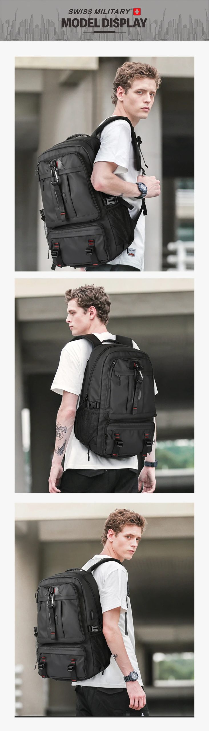 SWISS MILITARY-Sac à dos de voyage grande capacité pour homme, étanche, extensible USB, pour ordinateur portable, pour sports de plein air, 17.3