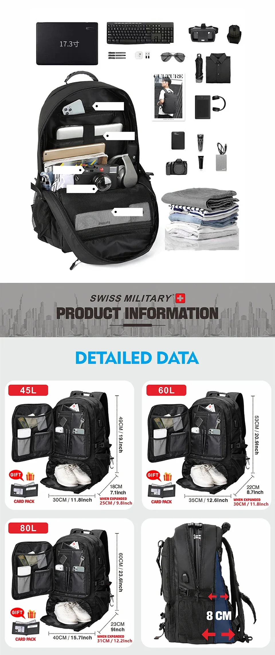 SWISS MILITARY-Sac à dos de voyage grande capacité pour homme, étanche, extensible USB, pour ordinateur portable, pour sports de plein air, 17.3