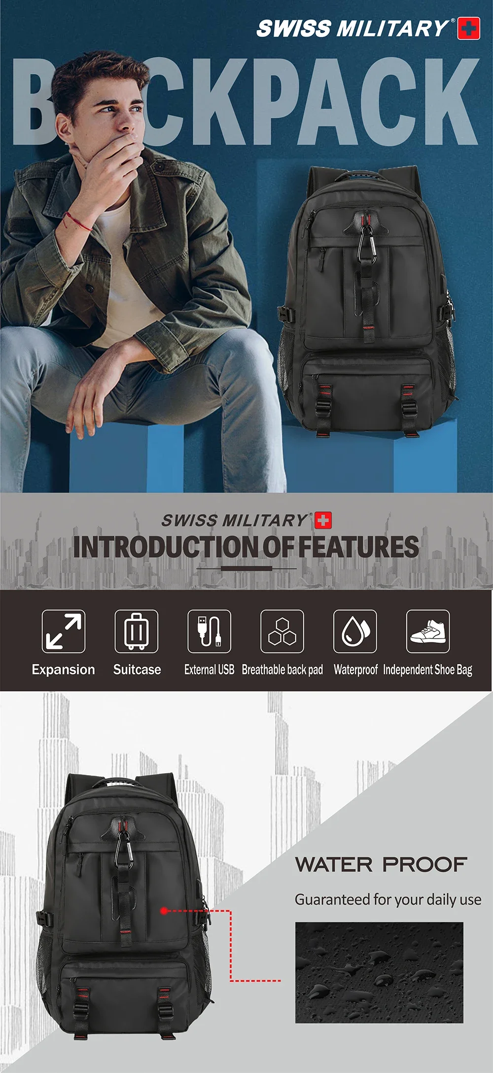 SWISS MILITARY-Sac à dos de voyage grande capacité pour homme, étanche, extensible USB, pour ordinateur portable, pour sports de plein air, 17.3