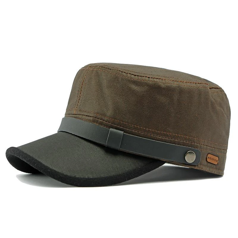 Casquette militaire vintage pour hommes, mélange coton-polyester, casquette plate, artisanat en similicuir, chapeau bec de canard réglable, toutes saisons, 55-58cm