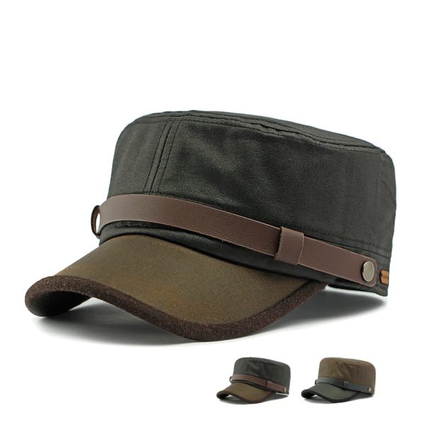 Casquette militaire vintage pour hommes, mélange coton-polyester, casquette plate, artisanat en similicuir, chapeau bec de canard réglable, toutes saisons, 55-58cm