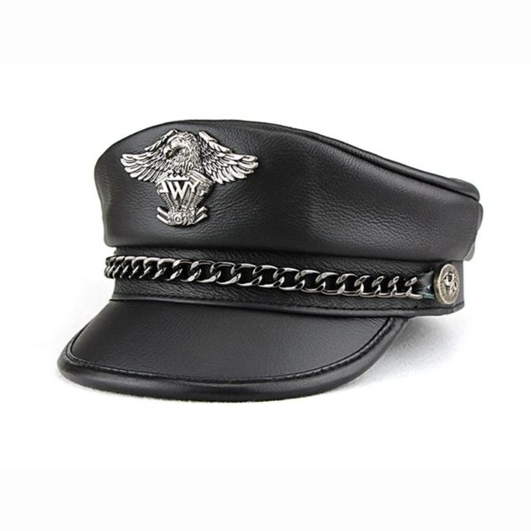 Casquette militaire en cuir véritable pour homme, chapeau haut de forme plat, cuir de circle véritable exclusif, Eaglemark, JoPunk, Casadtive, mode masculine – Image 5