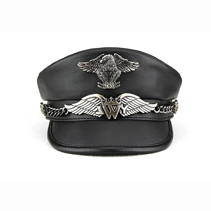 Casquette militaire en cuir véritable pour homme, chapeau haut de forme plat, cuir de circle véritable exclusif, Eaglemark, JoPunk, Casadtive, mode masculine
