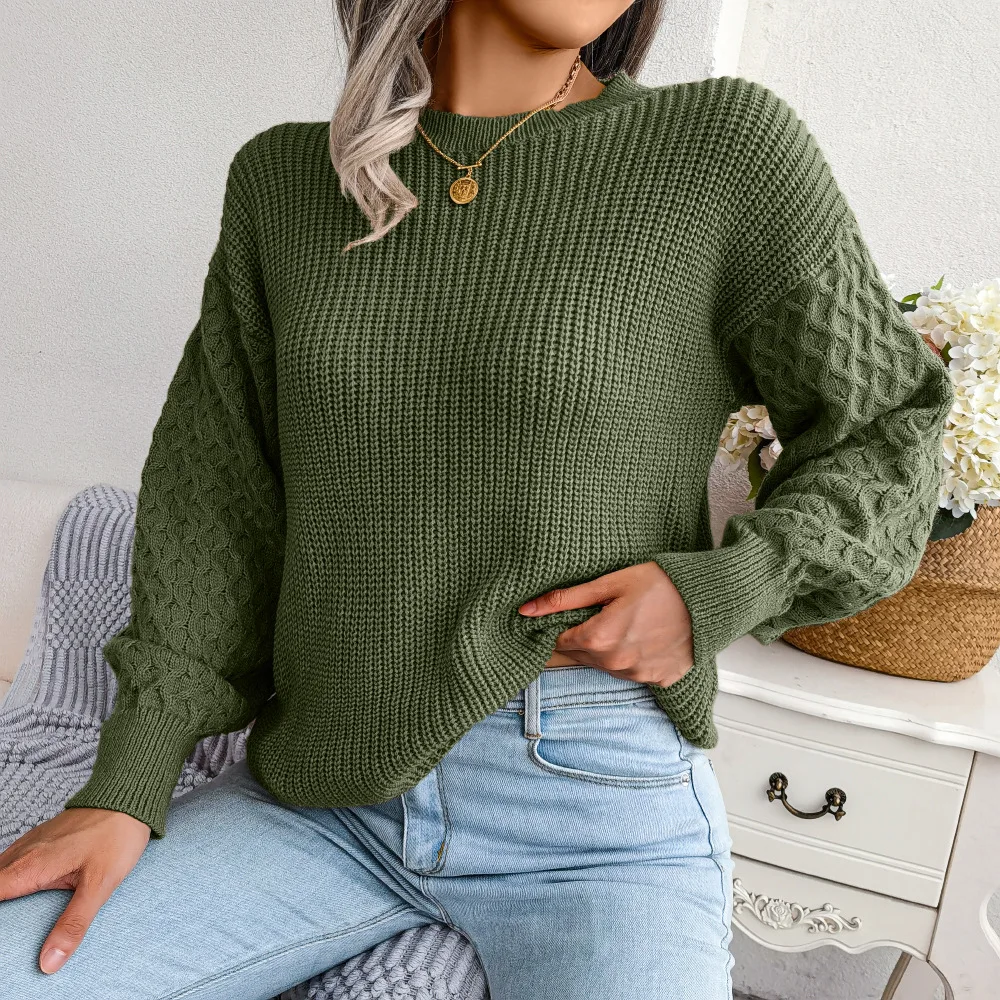 Pull lanterne à manches longues, col rond, élégant et décontracté, couleur vert armée, à la mode, automne et hiver 2024
