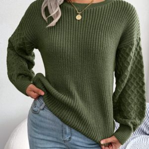 Pull lanterne à manches longues, col rond, élégant et décontracté, couleur vert armée, à la mode, automne et hiver 2024