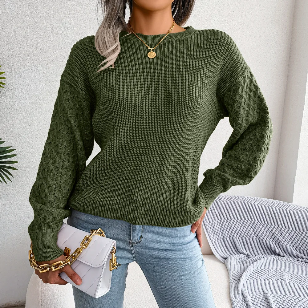 Pull lanterne à manches longues, col rond, élégant et décontracté, couleur vert armée, à la mode, automne et hiver 2024
