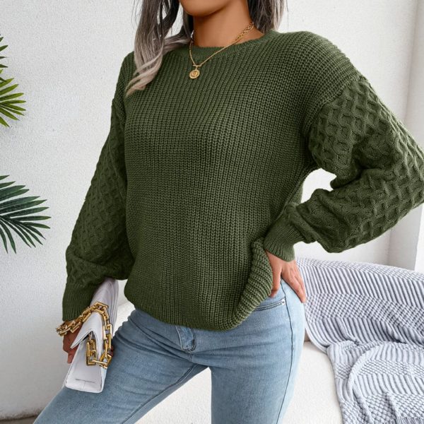 Pull lanterne à manches longues, col rond, élégant et décontracté, couleur vert armée, à la mode, automne et hiver 2024 – Image 4