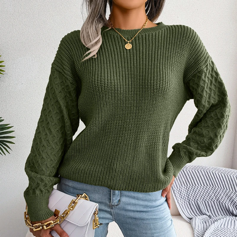 Pull lanterne à manches longues, col rond, élégant et décontracté, couleur vert armée, à la mode, automne et hiver 2024