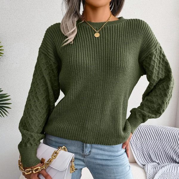 Pull lanterne à manches longues, col rond, élégant et décontracté, couleur vert armée, à la mode, automne et hiver 2024 – Image 2
