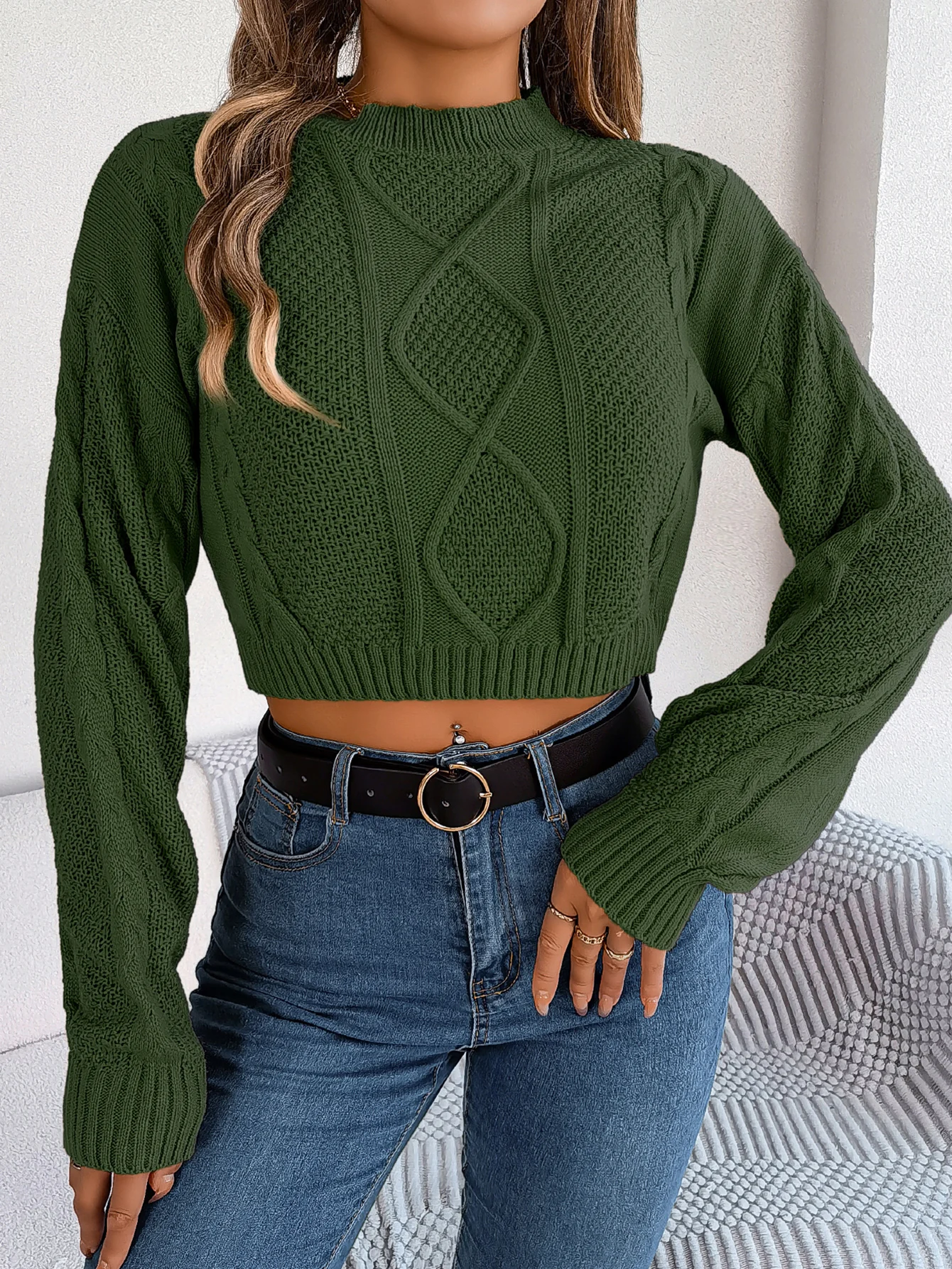 Pull court décontracté à manches longues pour femmes, vêtements monochromes, haut court, gris, vert armée, rouge, automne, hiver