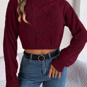 Pull court décontracté à manches longues pour femmes, vêtements monochromes, haut court, gris, vert armée, rouge, automne, hiver