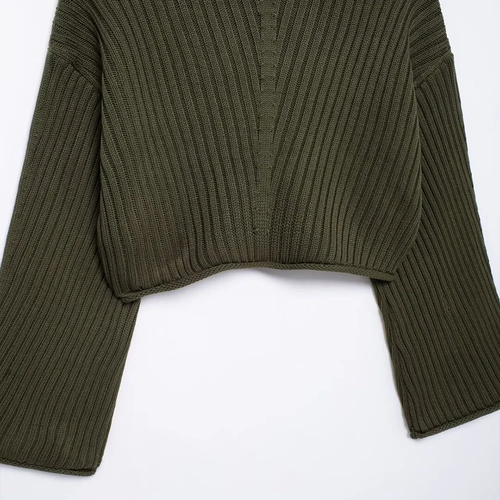 INS Fashion-Pull court en tricot pour femme, col haut, manches longues, design côtelé, simplicité, document vert armée, ZATTains, nouveau, 2024