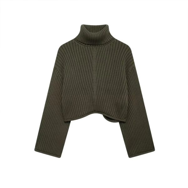 INS Fashion-Pull court en tricot pour femme, col haut, manches longues, design côtelé, simplicité, document vert armée, ZATTains, nouveau, 2024