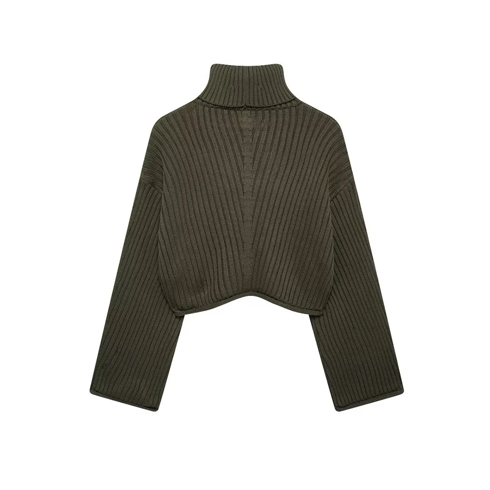 INS Fashion-Pull court en tricot pour femme, col haut, manches longues, design côtelé, simplicité, document vert armée, ZATTains, nouveau, 2024