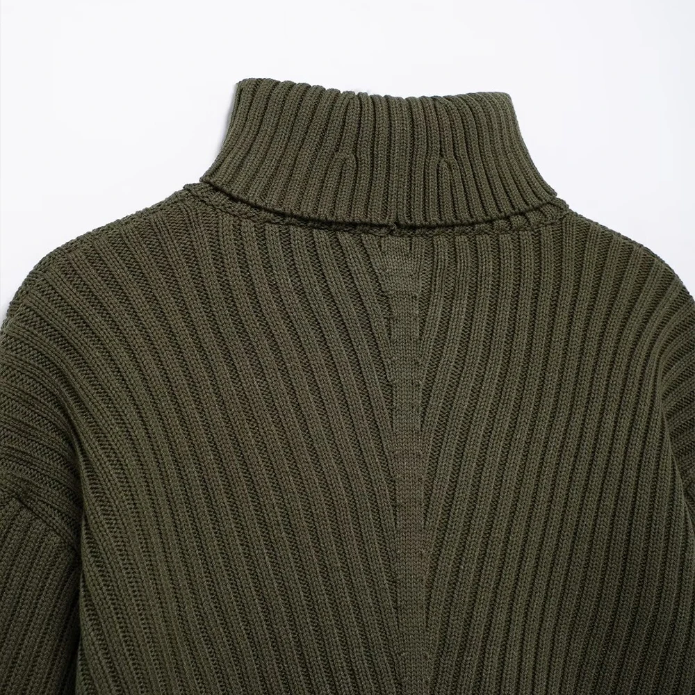 INS Fashion-Pull court en tricot pour femme, col haut, manches longues, design côtelé, simplicité, document vert armée, ZATTains, nouveau, 2024