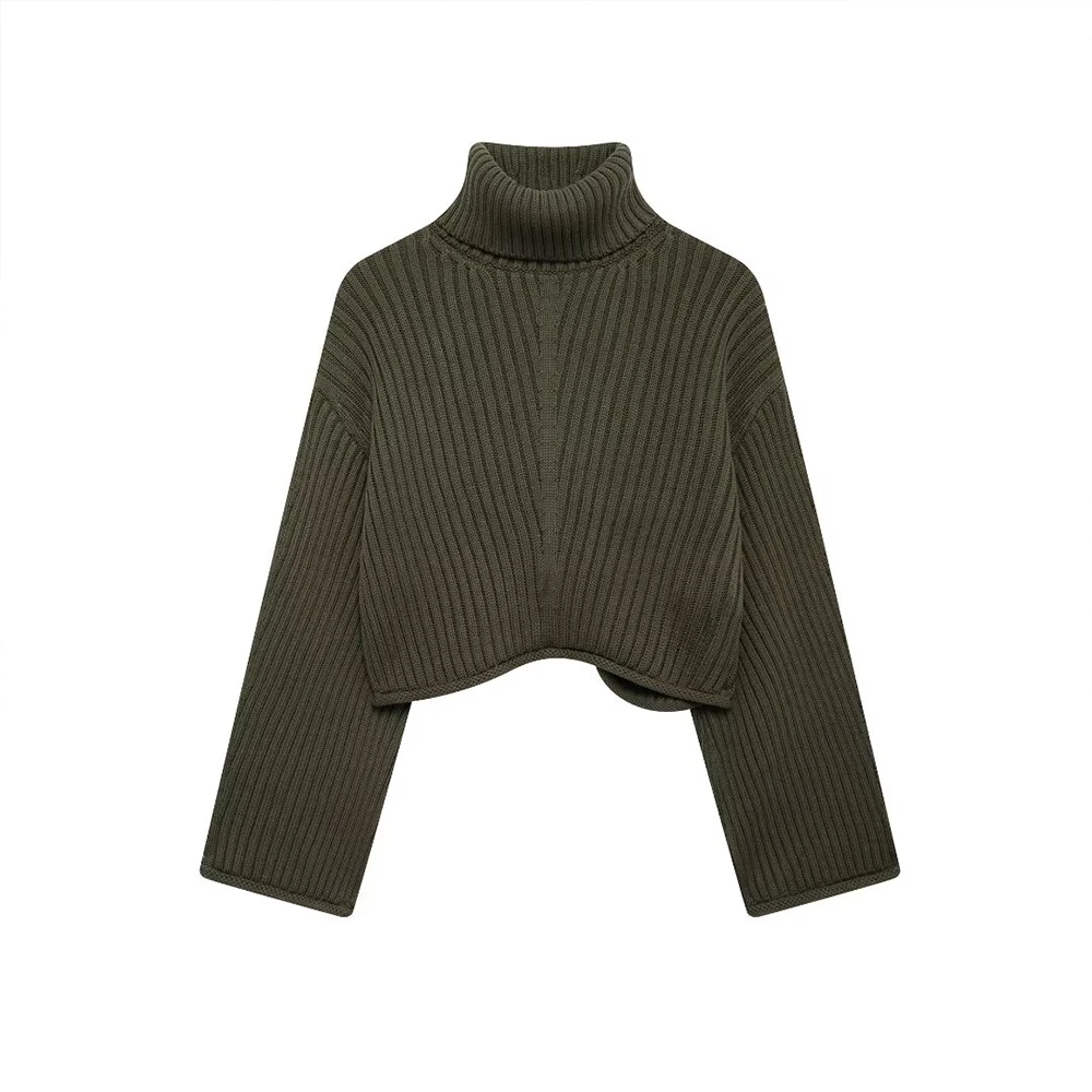 INS Fashion-Pull court en tricot pour femme, col haut, manches longues, design côtelé, simplicité, document vert armée, ZATTains, nouveau, 2024