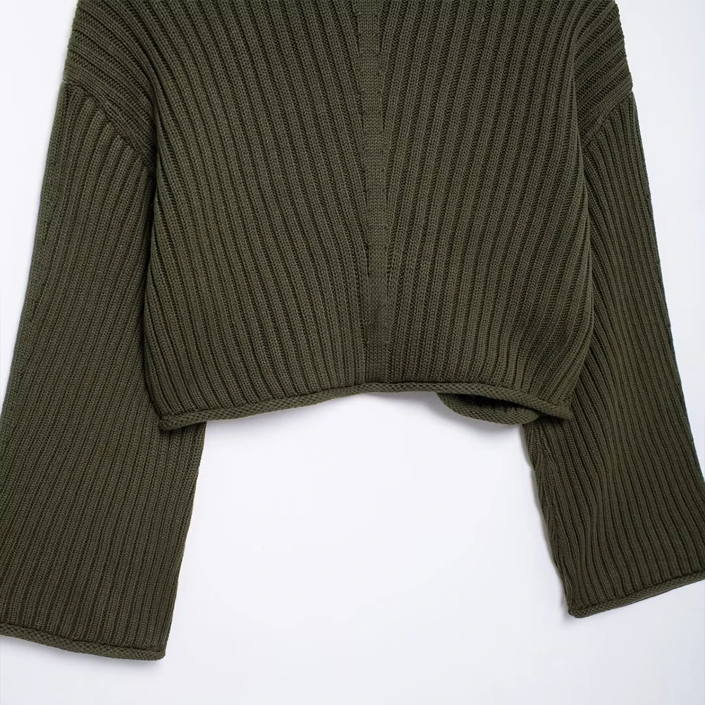 INS Fashion-Pull court en tricot pour femme, col haut, manches longues, design côtelé, simplicité, document vert armée, ZATTains, nouveau, 2024