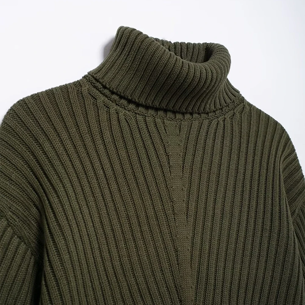 INS Fashion-Pull court en tricot pour femme, col haut, manches longues, design côtelé, simplicité, document vert armée, ZATTains, nouveau, 2024