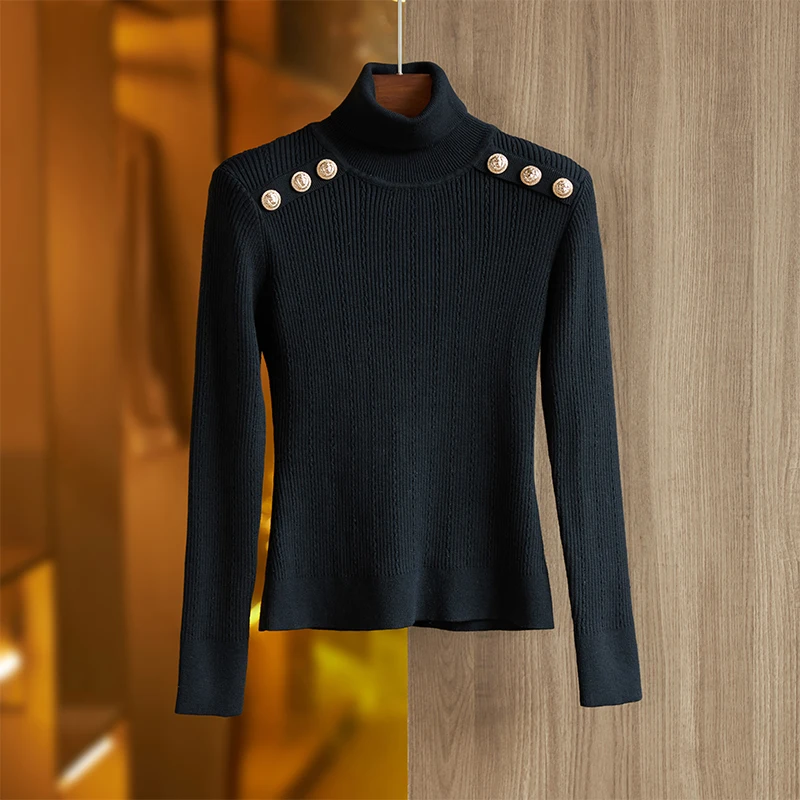 Pull à col roulé en mélange de laine pour femme, chandail de luxe, vert armée, chaud, hiver, épaulettes, décontracté, tricoté