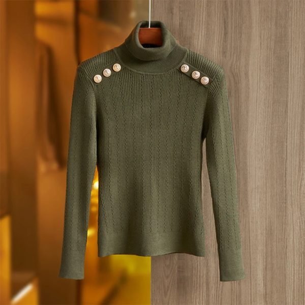 Pull à col roulé en mélange de laine pour femme, chandail de luxe, vert armée, chaud, hiver, épaulettes, décontracté, tricoté – Image 5