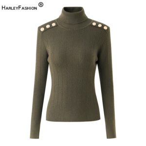 Pull à col roulé en mélange de laine pour femme, chandail de luxe, vert armée, chaud, hiver, épaulettes, décontracté, tricoté