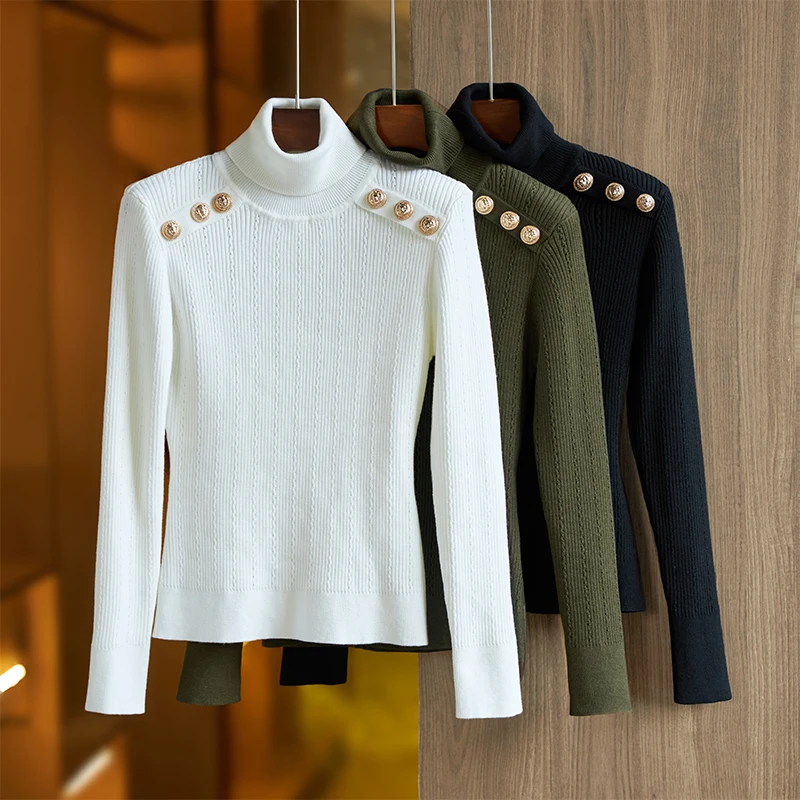 Pull à col roulé en mélange de laine pour femme, chandail de luxe, vert armée, chaud, hiver, épaulettes, décontracté, tricoté