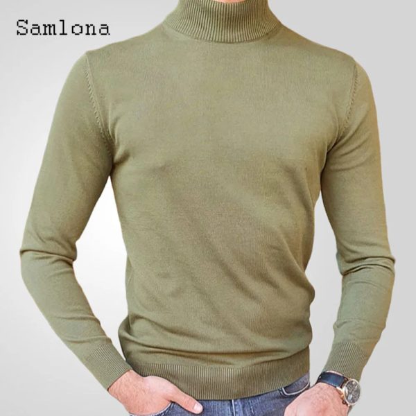 Pull à col roulé skinny pour homme, pull basique, haut confortable, vert armée, européen, vintage, ogo, automne, nouveau, 2024 – Image 4