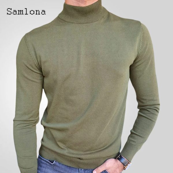 Pull à col roulé skinny pour homme, pull basique, haut confortable, vert armée, européen, vintage, ogo, automne, nouveau, 2024 – Image 2