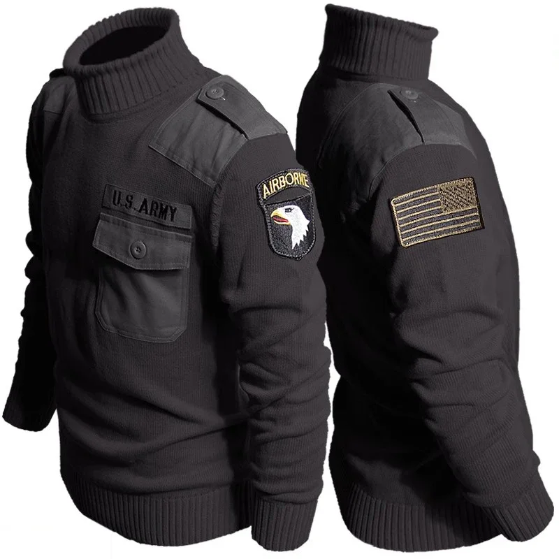 Pull à Col Roulé Rétro pour Homme, Motif de Lettres, Patchwork, en Coton, pour Randonnée en Plein Air, Style Militaire